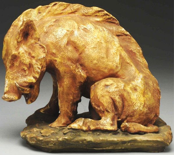 Amphora Ceramic Figure of Sitting Wild Boar.: Gold boar on green base. Underside marked with Amphora oval, Amphora crown, and "Austria". Condition (Mint). Size 10" T.