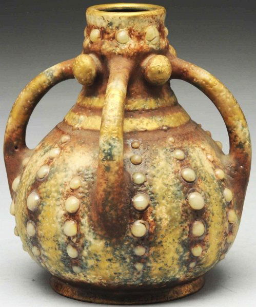 Amphora Vase with 4 Handles.: Applied translucent jewels. Underside impressed with Amphora oval and Amphora crown marks. Condition (Mint). Size 6 - 1/2" T.