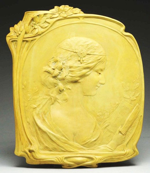 Amphora Wall Plaque.: Lady reading book. Art deco. Marked "JM" on back. Condition (Excellent). Size 17" x 13 - 3/4".