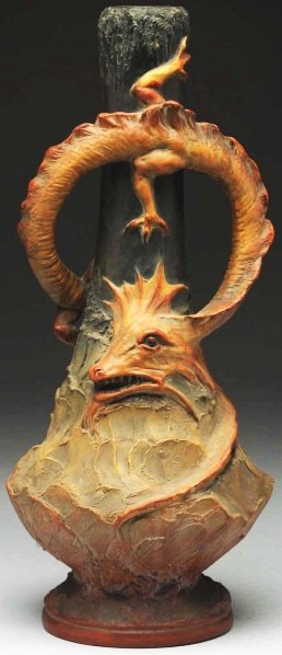 Ceramic Johan Maresch Dragon Vase.: Applied dragon wrapped around the vase. Colors include dark green, orange, and brick. Impressed "JM" on underside. Condition (Mint). Size 16 - 1/2" T.