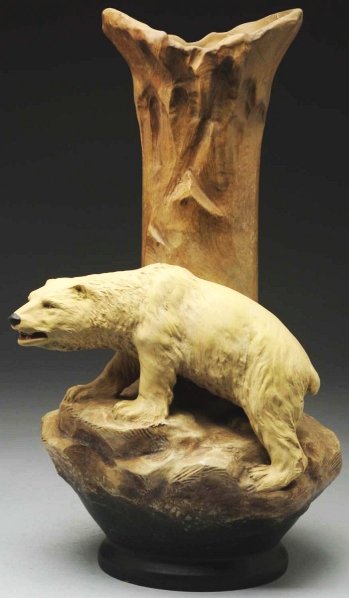 Johan Maresch Ceramic Polar Bear Vase.: With applied figure of polar bear. Impressed "JM" and "8347" on bottom. Condition (Mint). Size 19 - 1/2" T.