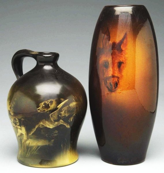 JB Owens Donkey Vase & Lonhuda Hunting Dogs Jug.: Lonhuda is marked and artist initialed with one small fleck in body. Owens vase is marked "JB Owens Utopian". Condition (Excellent). Size Largest: 10 - 1/2" T.