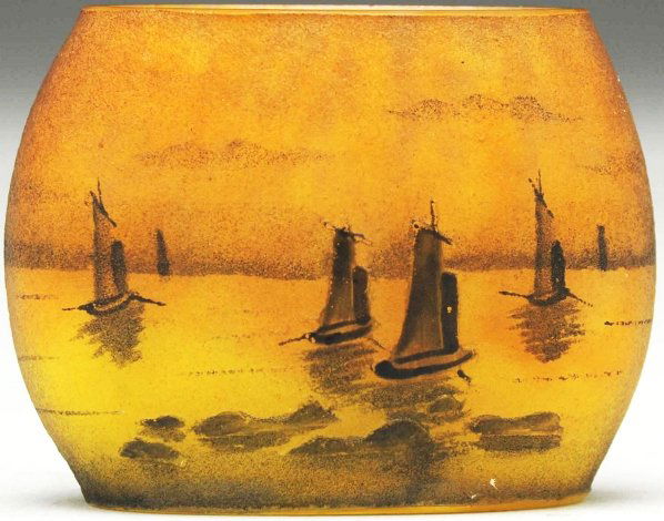 Daum Nancy Miniature Cameo Vase with Sailboats.: Condition (Mint). Size 1 - 3/4" T.