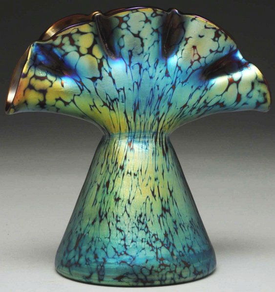 Loetz Fan Vase.: Nice form with green/blue iridescent glass. Condition (Near Mint). Size 6 - 1/4" T.
