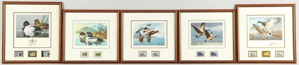Lot of 5: Duck & Stamp Prints.: Includes 1989 Federal Duck Stamp & Print by Neal R. Anderson, 1989 Waterfowl Conservation Stamp & Print by Richard Timm, 1987 West Virginia Duck Stamp & Print by Daniel Smith, 1986 Alaska Waterfowl Co