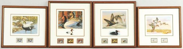 Lot of 4: Duck & Stamp Prints.: Includes 1996 Federal Duck Stamp & Print by Wilhelm J. Goebel, 1993 Federal Duck Stamp & Print by Bruce Miller, 1988-89 Idaho Migratory Waterfowl Stamp & Print by Jim Killen and 1987 Alaska Waterfowl