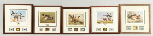 Lot of 5: Duck & Stamp Prints.: Includes 1986 Vermont Migratory Waterfowl Stamp & Print by Jim Killen, 1987 Arizona Duck Stamp & Print by Daniel Smith, 1985 Georgia Waterfowl Conservation Stamp & Print by Daniel Smith, 1989 Louisian