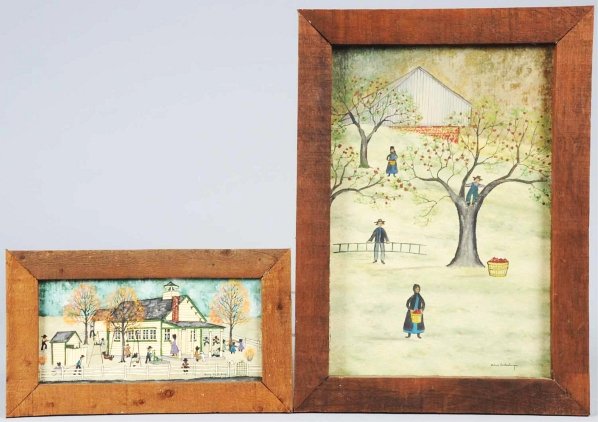 Lot of 2: Dolores Hackenberger Oil on Boards.: Both with frames. Includes one Amish school house scene with children playing and one with Amish children picking apples. Condition (Excellent). Size Largest Framed: 21 - 1/8" x 15 - 1/4".