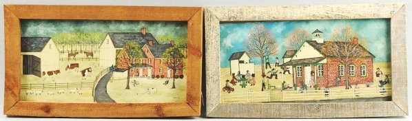 Lot of 2: Oil On Canvas by Dolores Hackenberger.: Includes one depicting an Amish schoolyard scene, and one depicting an Amish barnyard scene. Condition (Excellent). Size Largest Framed: 27 - 1/2" x 15 - 1/2".
