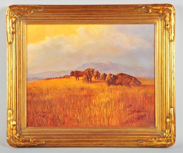 Oil on Canvas Buffalo Landscape by Bill Chappell.: 16" x 20". SLL Bill Chappell. Western landscape focusing on buffalo in a field with a distant mountain range in the background. Bill Chappell (b. 1919) grew up as a West Texas ranch hand and experienc