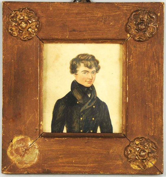 Folk Art Watercolor Drawing of Young Lad.: 1840s. Signed with early label "Swift Boyle" on back. Light staining to paper. Condition (Very Good). Size Framed: 7 - 1/4" x 6 - 3/4".