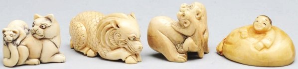 Lot of 4: Ivory Netsuke Figures.: All are signed. Three of animals and one of a child. Condition (Excellent). Size Largest: 2" L.