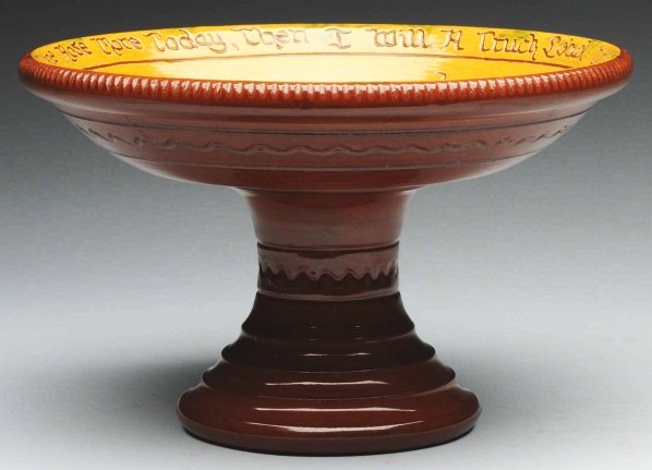Fine Lester Breininger Compote.: With incised decoration and yellow slip tulips. Condition (Near Mint Plus). Size 10" Dia.