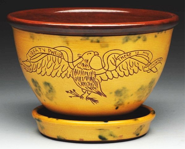 Lester Breininger Patriotic Bowl & Under Tray.: Decorated with an incised spread wing eagle and a pair of flags. Condition (Excellent). Size 9 - 3/4" Dia.