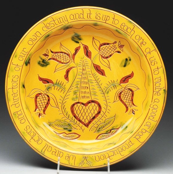 Large Lester Breininger Charger.: Signed "3". Highly decorated with verbiage and incised tulip decoration. Condition (Near Mint Plus). Size 15 - 3/4" Dia.