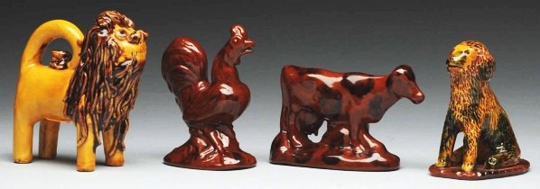 Lot of 4: Breininger Figurals.: Includes one cow, on seated dog, one chicken, and one unusual miniature lion with coleslaw hair. Condition (Excellent). Size Largest: 5" L.