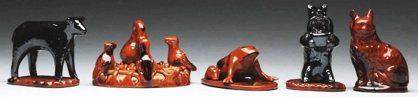 Lot of 5: Lester Breininger Figurals.: Includes one frog, one bear with basket, one goose, one cat, and one cow. Condition (Excellent). Size Largest: 5" L.