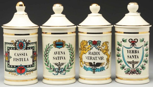 Lot of 4: Apothecary Pharmacy Jars.: One with cracked lid and one with cracked body. Condition (Very Good). Size Each: 11" T.