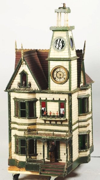 Exceptional & Rare Automated 3-Story Dollhouse.: 19th century. Great, large size with numerous automated figures and a gentleman playing a violin on the front porch. Piece retains original paint and clockwork mechanism. Some losses and non-working c