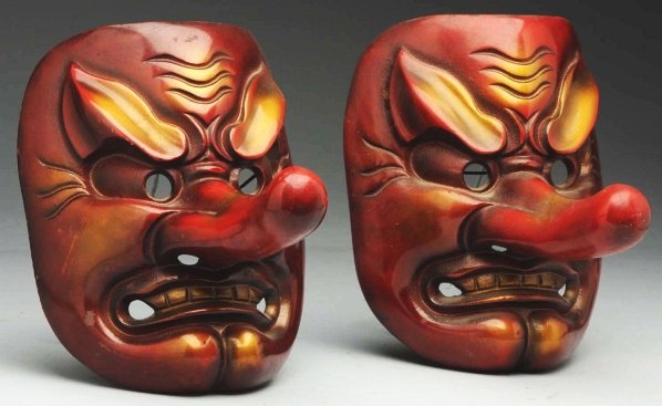 Pair of Masks with Large Nose Hooks.: Condition (Excellent). Size Each: 7 - 1/2" T.