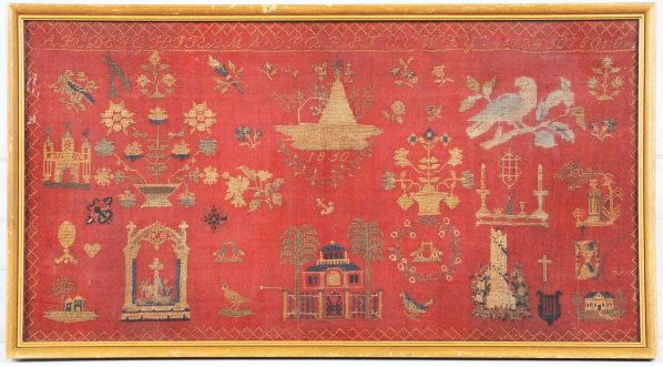 Sampler Dated 1850.: Framed under glass. With floral decorations, houses, and religious elements. Condition (Excellent). Size Framed: 21" x 11 - 1/2".