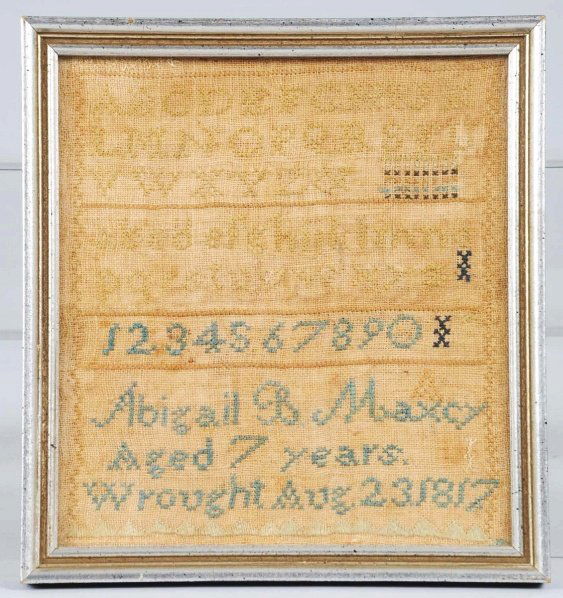 Small Sampler by Abigail B. Maxcy.: Dated 1817. Small, one-inch, old stitch repair. Condition (Excellent). Size Framed: 7 - 7/8" x 8 - 1/2".