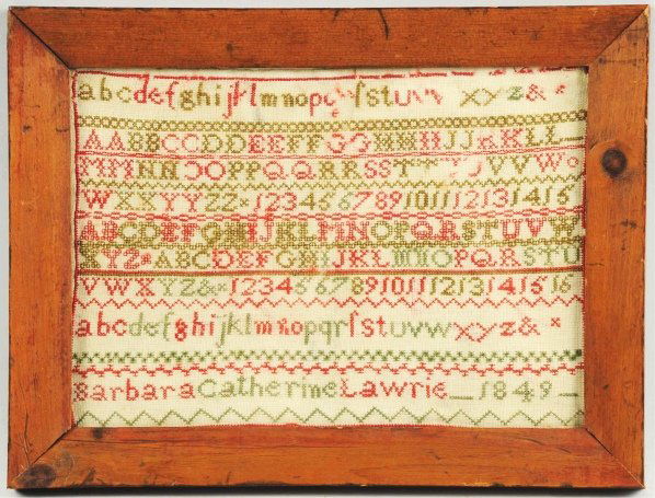Barbara Catherine Lawrie Sampler.: Dated 1849. Framed under glass. Condition (Excellent). Size Framed: 11 - 1/4" x 15">