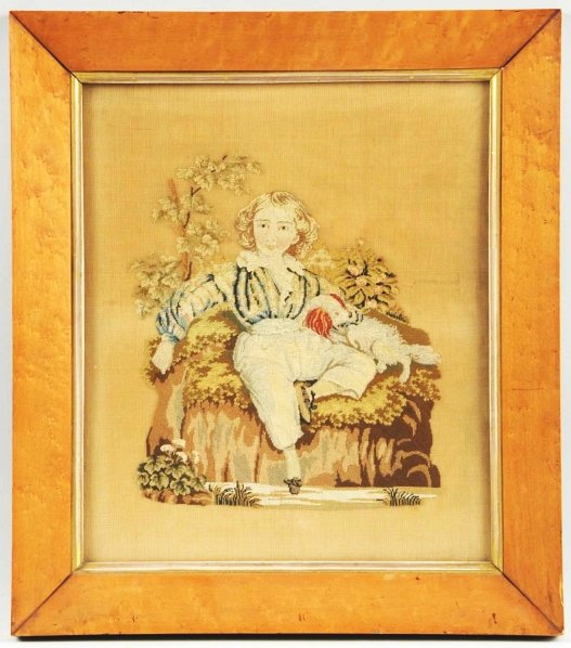Victorian Boy & Dog Cross Stitch.: Circa 1880. Framed in Birdseye Maple under glass. Condition (Excellent). Size Framed: 21 - 1/4" x 18 - 3/4".