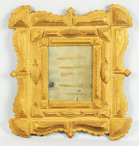 Folk Art Highly Decorated Gold Tramp Art Frame.: 19th century. Great original condition with no loss to surface or moldings. Retains original mirror. Condition (Excellent). Size Framed: 21 - 1/4" x 19 - 1/2".