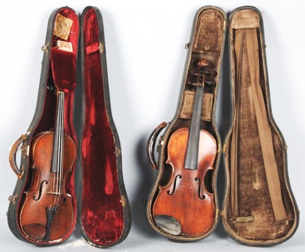 Lot of 2: Antique Violins in Case.: Includes an Emilio Celano, dated 1868 violin and a second with an illegible label. One needs to be re-strung. Condition (Excellent). Size Largest Case: 30 - 1/2" L. CORRECTION: The description and est