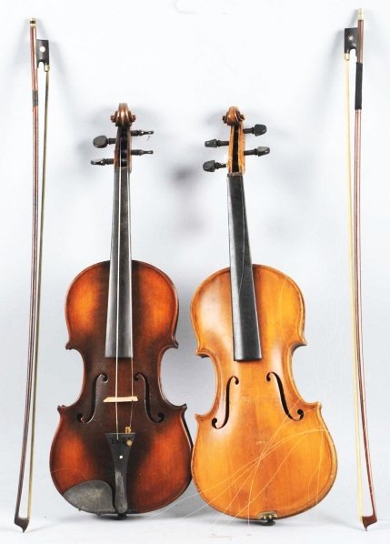 Lot of 2: Antique Violins & Bows.: Includes one A.L. Bohn violin dated 1924 and one with missing bottom piece. Both need to be re-strung. Includes two bows an A. R. Sandler and an Elitaria. Condition (Very Good). Size Each: 23 - 1/2" L