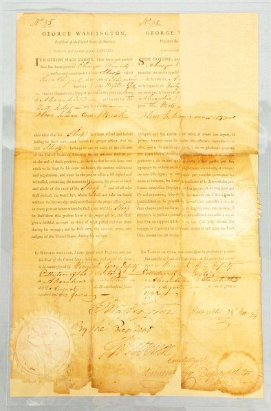 Document Signed by Washington & Jefferson.: Rare historical shipping document from 1794 signed on front and back by George Washington and Thomas Jefferson. Washington has signed his name "Go. Washington" and Jefferson has signed his name "T. Je