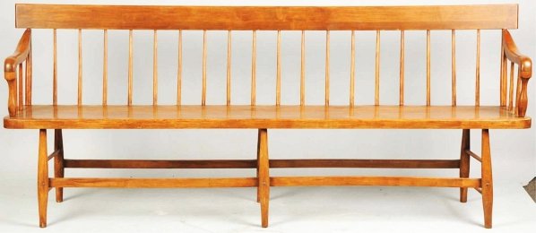 Wooden Spindle-Back Settee Bench.: Condition (Excellent). Size 82" L.