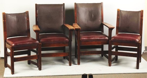 Lot of 8: Wooden Arts & Crafts Chairs.: Signed Stickley with red label. Includes two arm chairs and six regular chairs with leather seats. Condition (Excellent). Size Largest: 39 - 1/2" T.