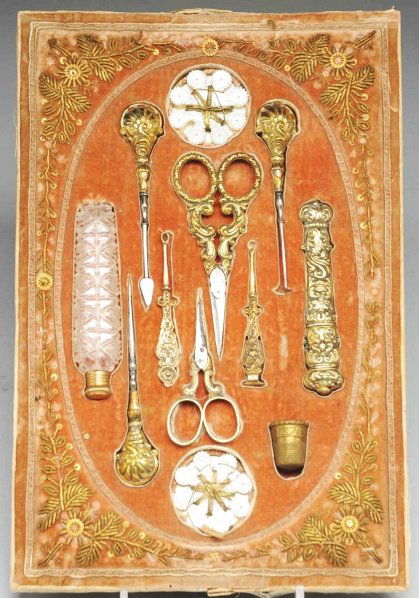 Rare 10-Piece Victorian Sewing Kit.: Includes a pair of scissors, a pair of ear wax extractors, one needle case, one perfume bottle, one thimble, and other sewing accessories. Condition (Excellent). Size Case: 11 - 1/8" x 7 - 1/4". ADDIT