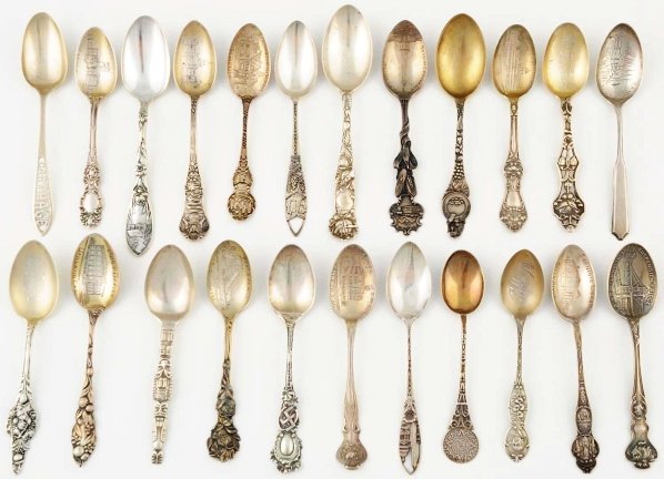 Lot of 23: Sterling Silver Souvenir Spoons.: Includes five California, Good Luck, Alaska totem pole, Yosemite, Washington, Camp Bowie, Mexico, New Mexico, some with floral motif, and others. Weight: 12.5 troy ounces. Condition (Excellent).