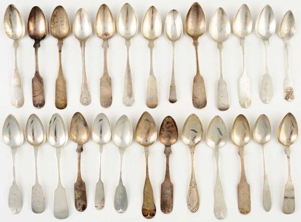 A Mixed Group of Silver Teaspoons.: 19th - 20th century Includes mostly fiddle patter, and others. Wear and dents to all. (26) Weight: 12.7 oz.