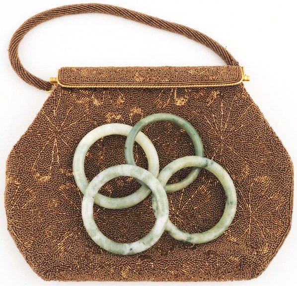 Lot of 5: Jade Bracelets & Gold Beaded Purse.: Includes four bracelets and one purse. Condition (Excellent).