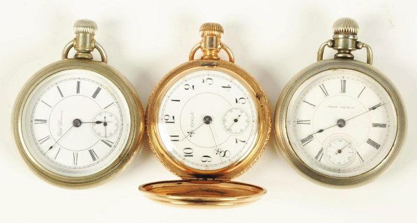 Lot of 3: Pocket Watches.: Includes Earle (Seth Thomas) 80368 18S 15J hunting case (working), Seth Thomas 83203 open face 18S 7J (working), and Seth Thomas 33628 open face 18S 11J (working).