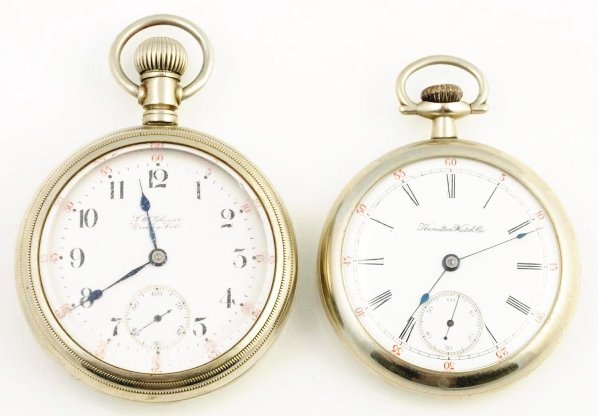Lot of 2: Open Face Pocket Watches.: Includes one J.P. Glazier 18S 17J open face 942,463 swig out (working) and one Hamilton 18S 354278 screw case (working).