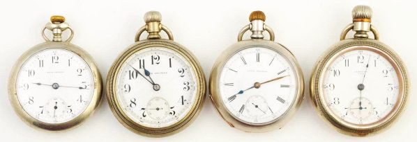 Lot of 4: Open Face Pocket Watches.: Includes Seth Thomas 630235 18S 7J (working), Seth Thomas 204909 18S 17J (working), Seth Thomas 8512 18S 7J or 11J (not working), and Seth Thomas 2590014 18S 7J (working).
