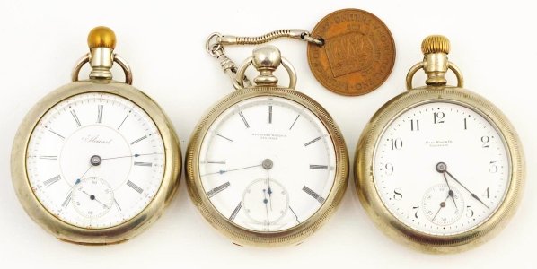 Lot of 3: Open Face Pocket Watches.: Includes Rockford 73, 964 18S 15J key wind (working), Steward (Illinois) 1442305 18S 15J (working), and Ball Commercial 11, 853, 135 18S 16J (working).