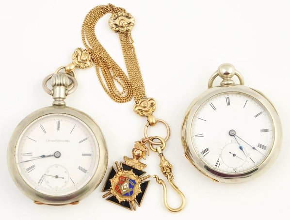 Lot of 2: Pocket Watches.: Includes Great Eastern Boston 18S 15J key wind (working) and Atlas Watch Co. open face 7285266 7J 18S (working) with watch chain and fob.