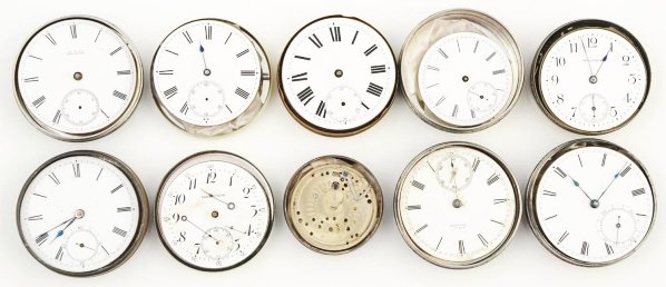 Lot of 10: Pocket Watch Movements.: Includes one Anon 16S Swiss, one AW Company Broadway 1515544 18S 7J, one Sterling Waltham 2325595 7J, American 377338 18S, one AWW Co. 1047104 18S 7J, one Rockford 393018 6S, one Waltham 4602108 14S 7