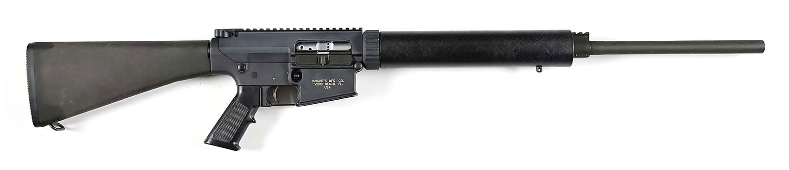 (M) DESIRABLE KNIGHTS ARMAMENT STONER SR-25 SEMI AUTOMATIC MATCH RIFLE.: Scarce early, circa 1990s production SR-25 Match Rifle with longer than standard 24" parkerized heavy weight barrel for shooting competitions. Although no sights are installed, the flat top upper rece