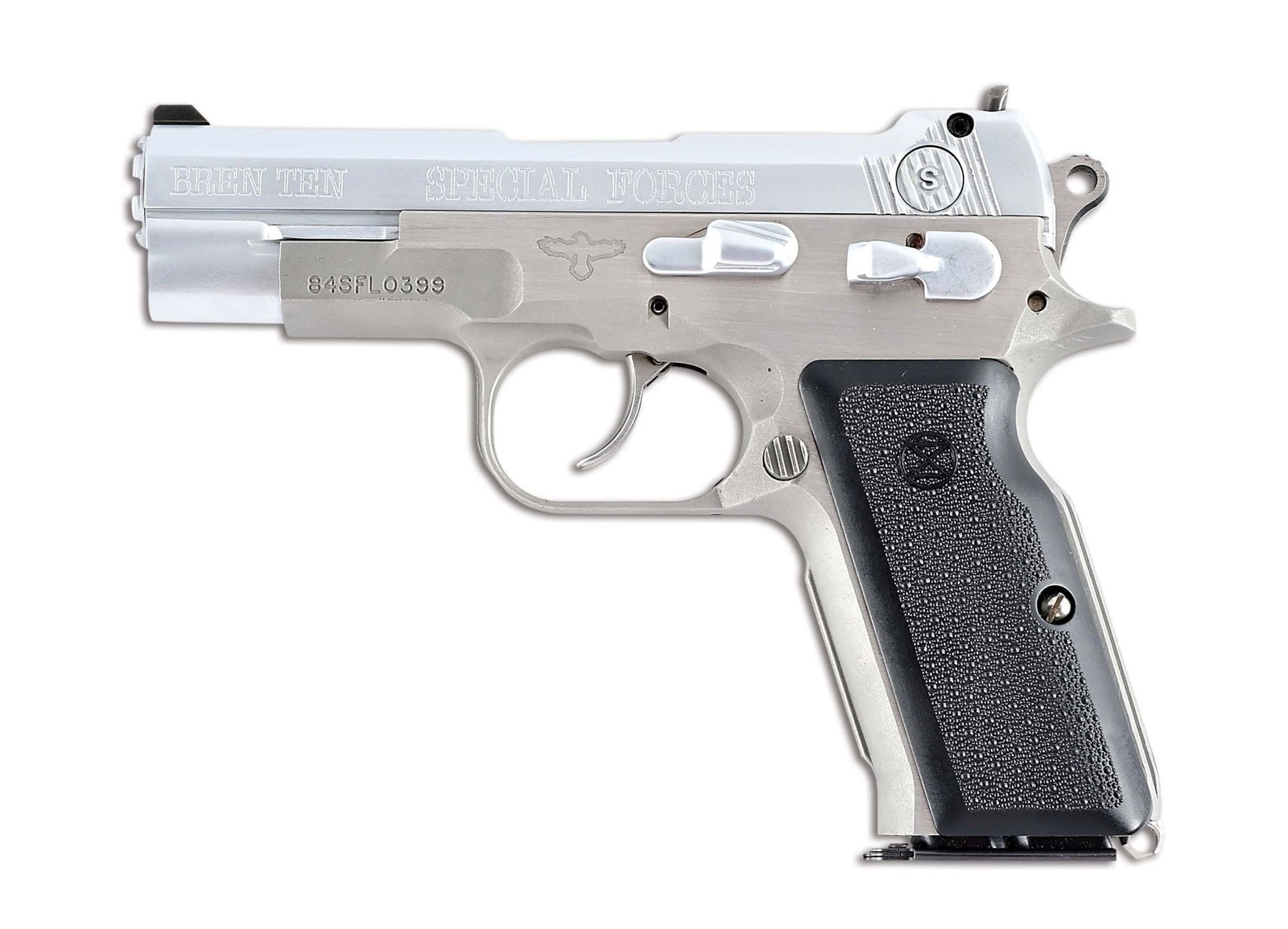 (M) A VERY SCARCE DORNAUS & DIXON BREN TEN SPECIAL FORCES LIGHT 10MM SEMI-AUTOMATIC PISTOL: This is a very rare Bren Ten Special Forces Light, which has a factory chrome slide, duplicating the design made popular by Miami Vice in the hands of Sonny Crockett. The Special Forces line was a lin