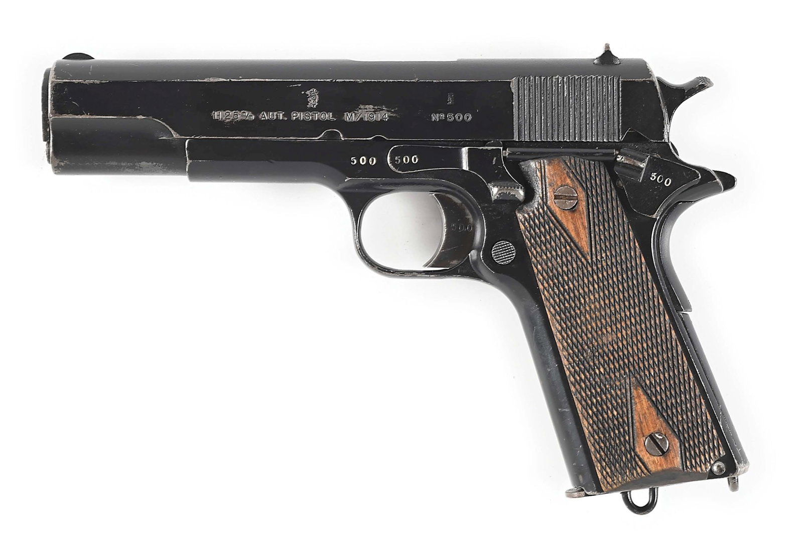 (C) SCARCE FIRST FULL YEAR OF PRODUCTION KONGSBERG MODEL 1914 DATED 1918 SEMI AUTOMATIC PISTOL.: At the turn of the century, Norway was experimenting with the adoption of a new pistol for their army, and found that the Colt 1911 in .38 was an ideal weapon for them, purchasing 25 through Colt's Lo