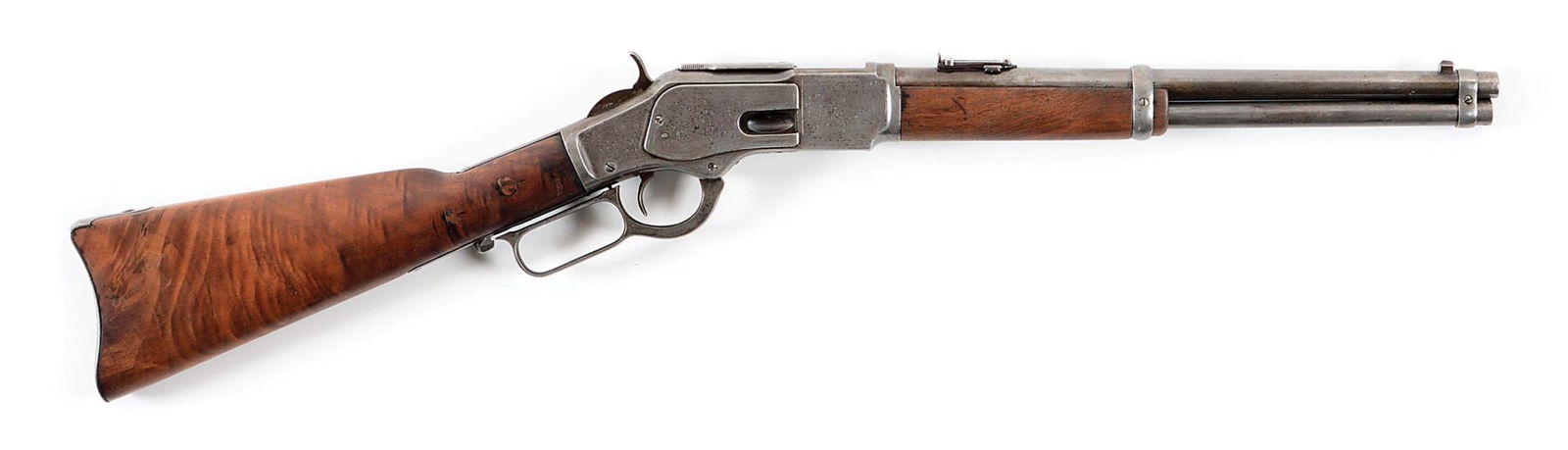 (A) EXTREMELY RARE FACTORY ENGRAVED WINCHESTER MODEL 1873 15" TRAPPER CARBINE.: According to the factory letter, this carbine was shipped in December of 1893 in .44 caliber with a 15" barrel, fancy stock, Gilt & Nickel (finish) and $2.50 engraving. Standard features include the 1