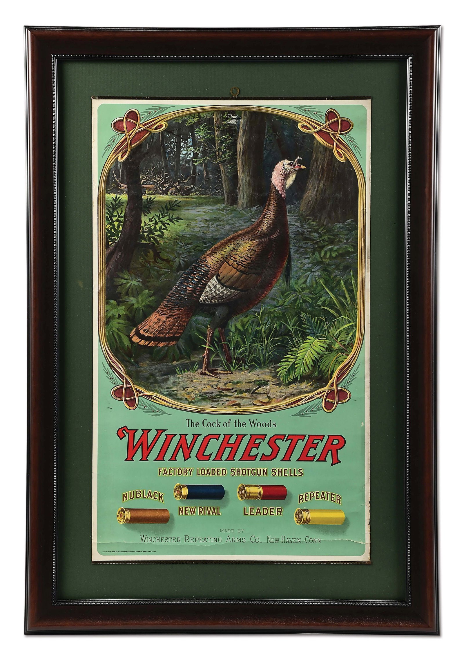 WINCHESTER "THE COCK OF THE WOODS" SHELL POSTER: This is a stunning 1903 Winchester poster with beautiful image of gobbler. "The Cock Of The Woods". Original metal bands. Dated 1903. Small crease at bottom but otherwise mint. Stunning colors. Profes