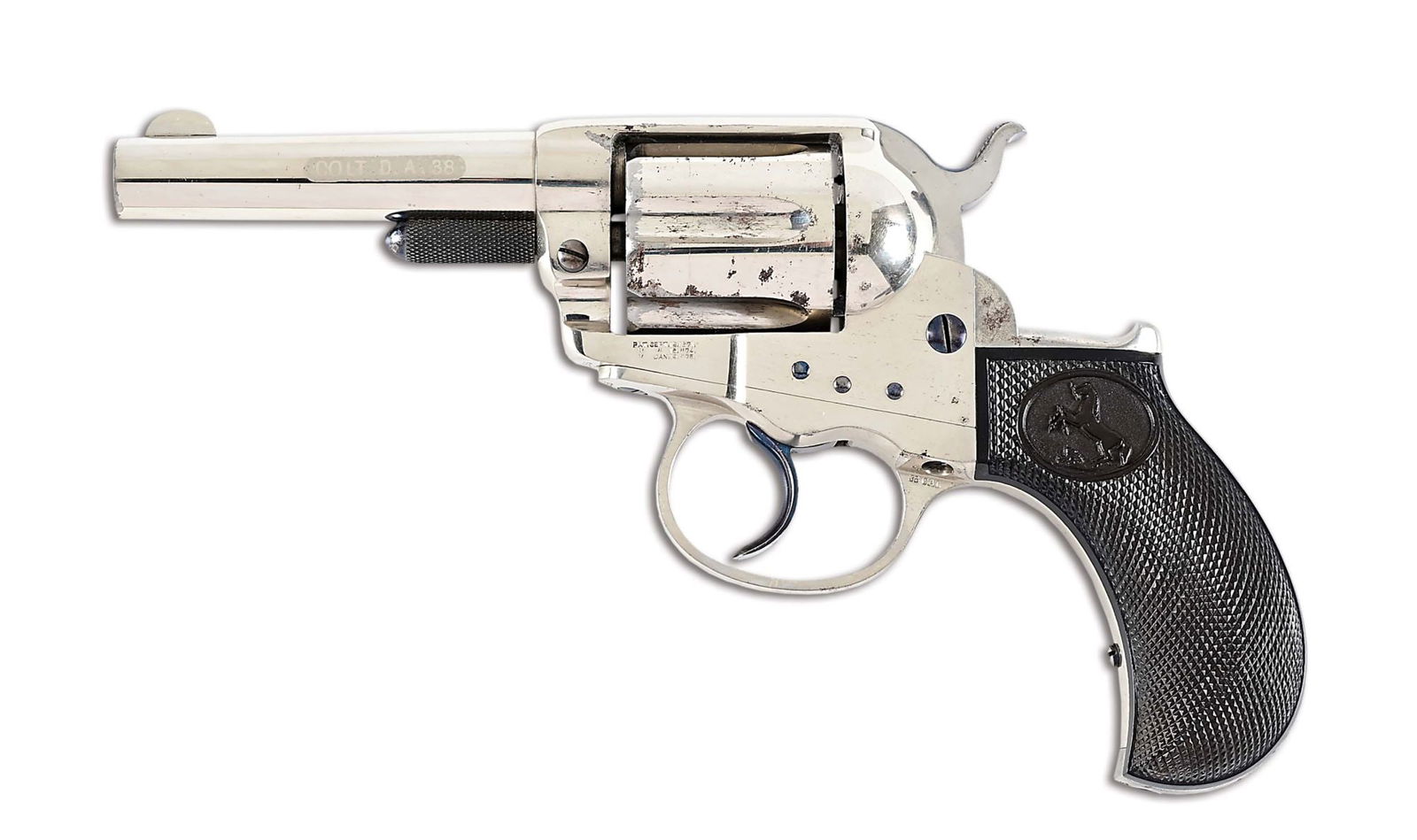 (A) SAN FRANCISCO SHIPPED COLT MODEL 1877 LIGHTNING DOUBLE ACTION REVOLVER.: The factory letter states that serial number 3855 was shipped on November 17, 1882 as a .38/c, 2 1/2" (This barrel measures 3 1/2", factory error), Nickel, grips not listed. This was part of a 10 gun